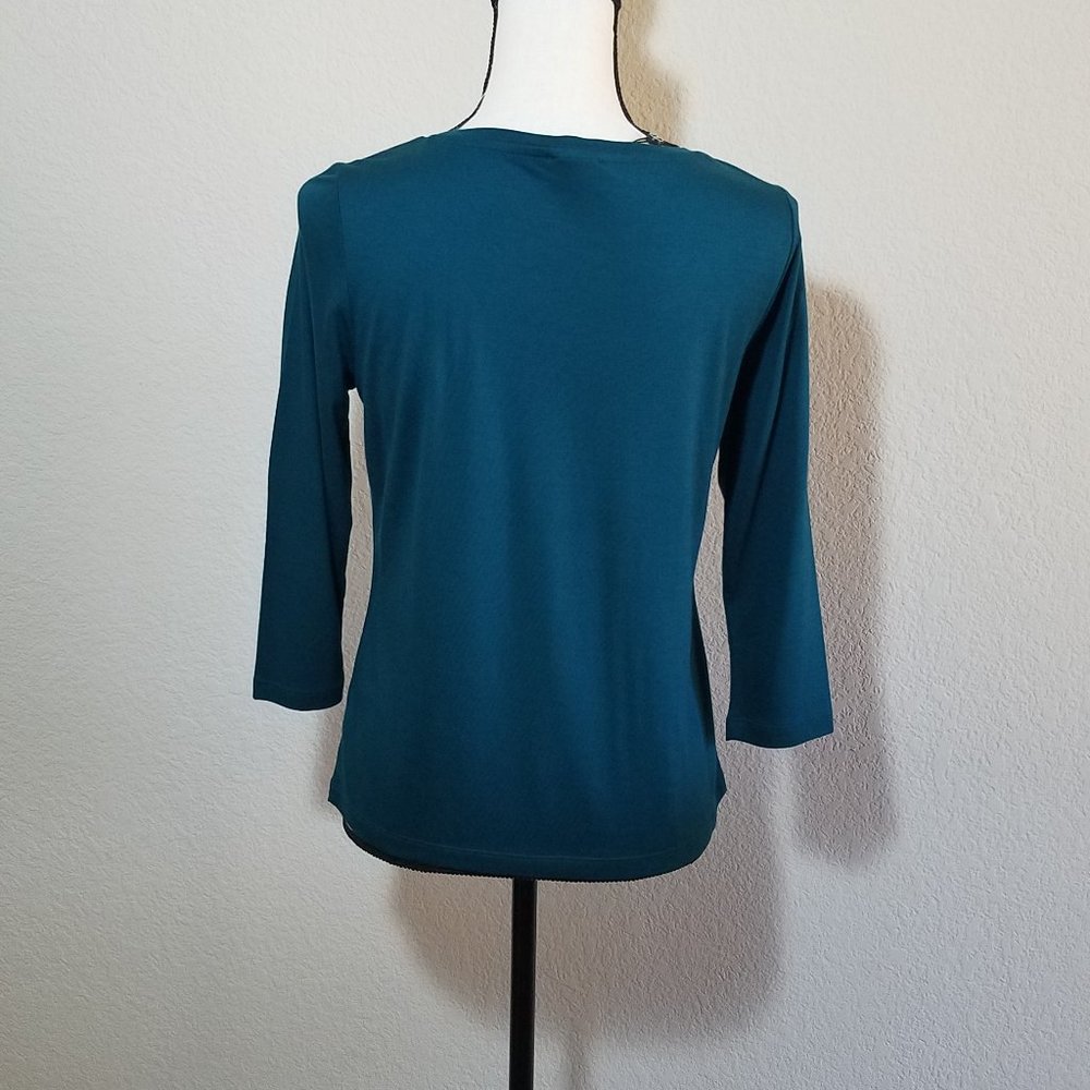 Talbots Petites Green Shirt 3/4 Sleeve Ruffle Top Solid Women's Holiday S P - Picture 4 of 4
